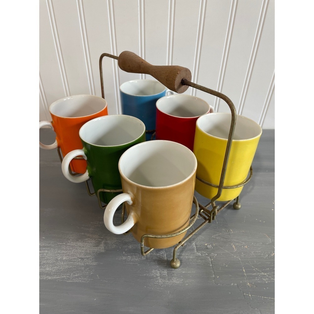 Vintage MCM 6 Piece Multi Color Mug Set with Metal Wire Wood Handle Rack Japan